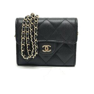 CHANEL Black Caviar Leather Logo Pochette Wallet